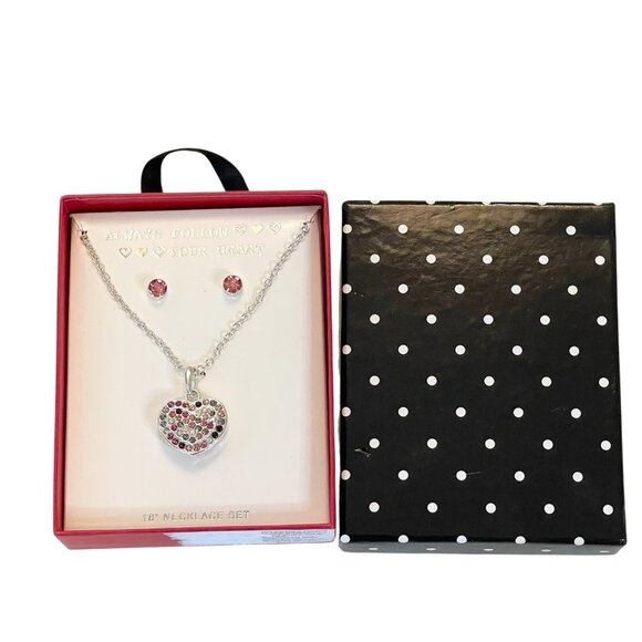 ALWAYS FOLLOW YOUR HEART NECKLACE PINK RHINESTONE HEART PENDANT W/ MATCHING EARR - Picture 1 of 4